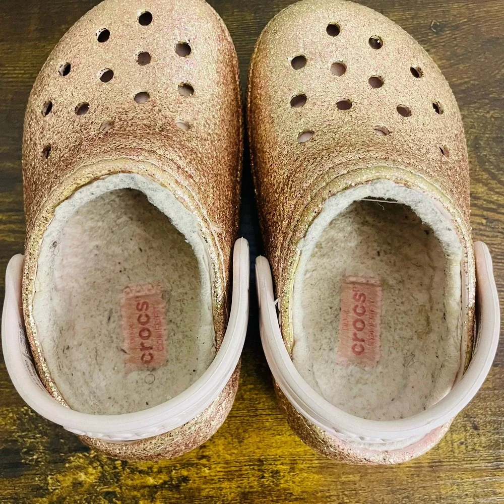 Crocs Classic Lined Clogs Rose Gold Glitter Sparkly Kids Size C7 Glittercore